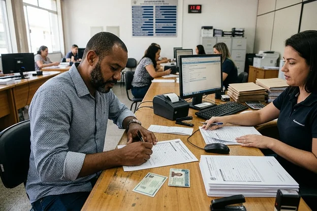 Pessoas preenchendo documentos para renovação da CNH em Barra Mansa.